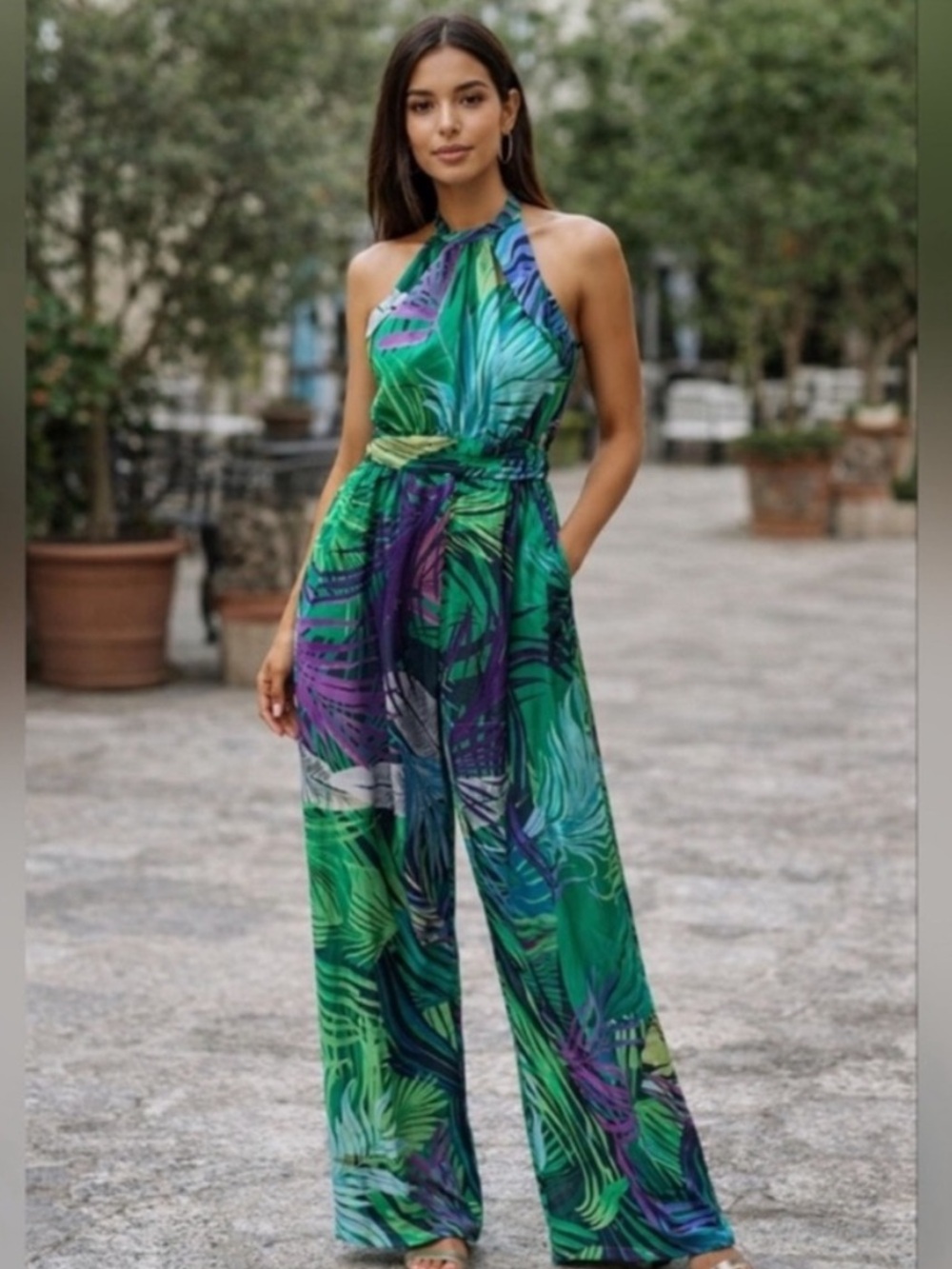 ✨ NWT ZARA Tropical Halter Satin Wide Leg Jumpsuit ✨ XS